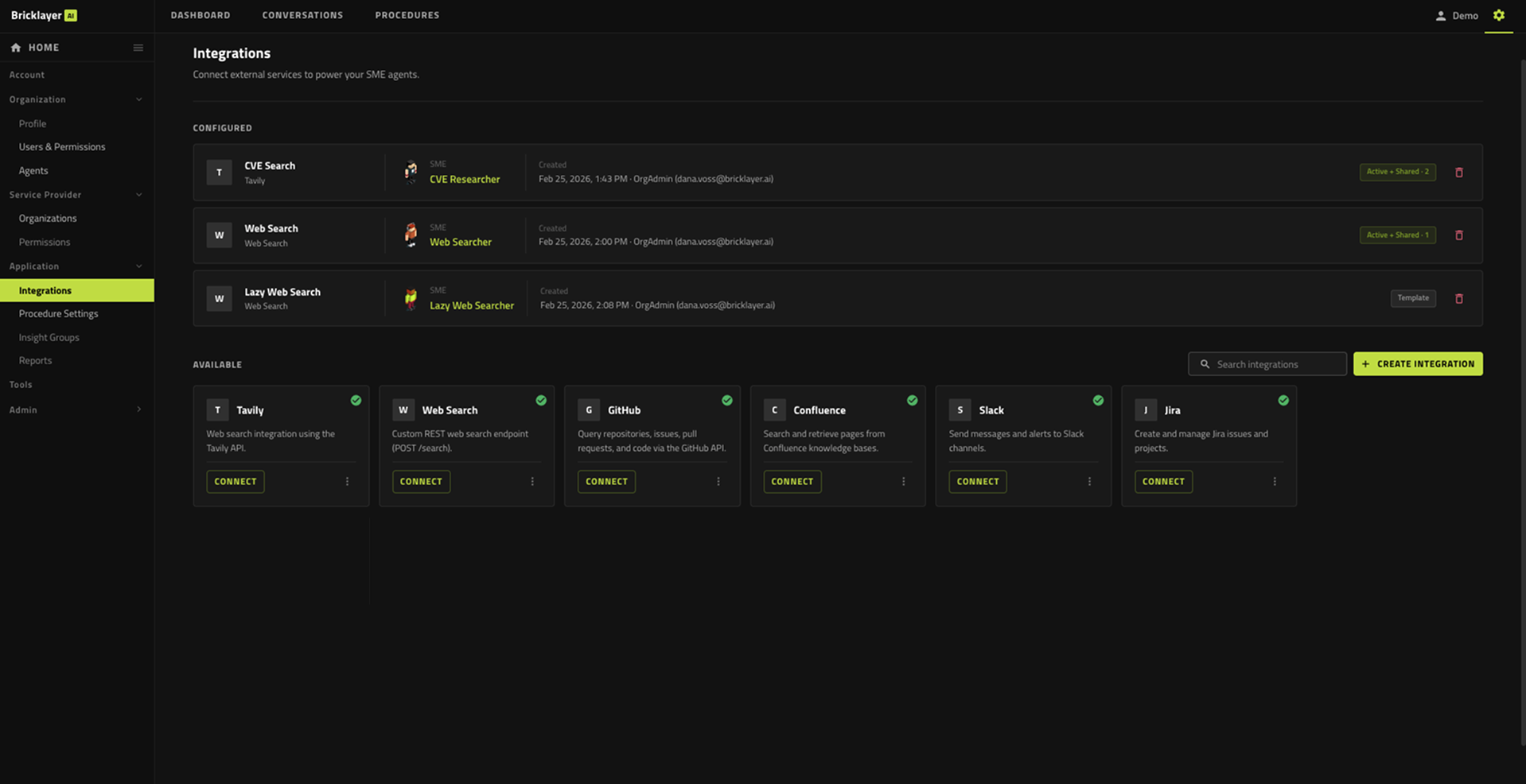 Bricklayer agent-powered integrations dashboard