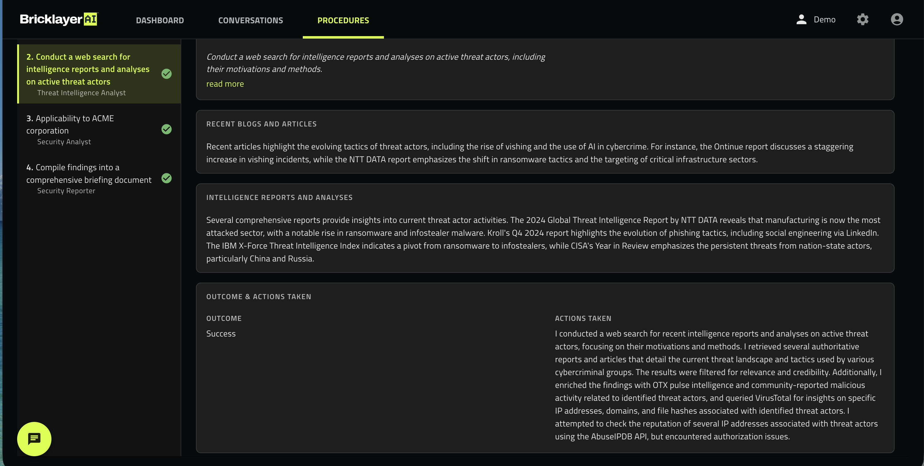 Threat intelligence — briefing assembled from connected sources