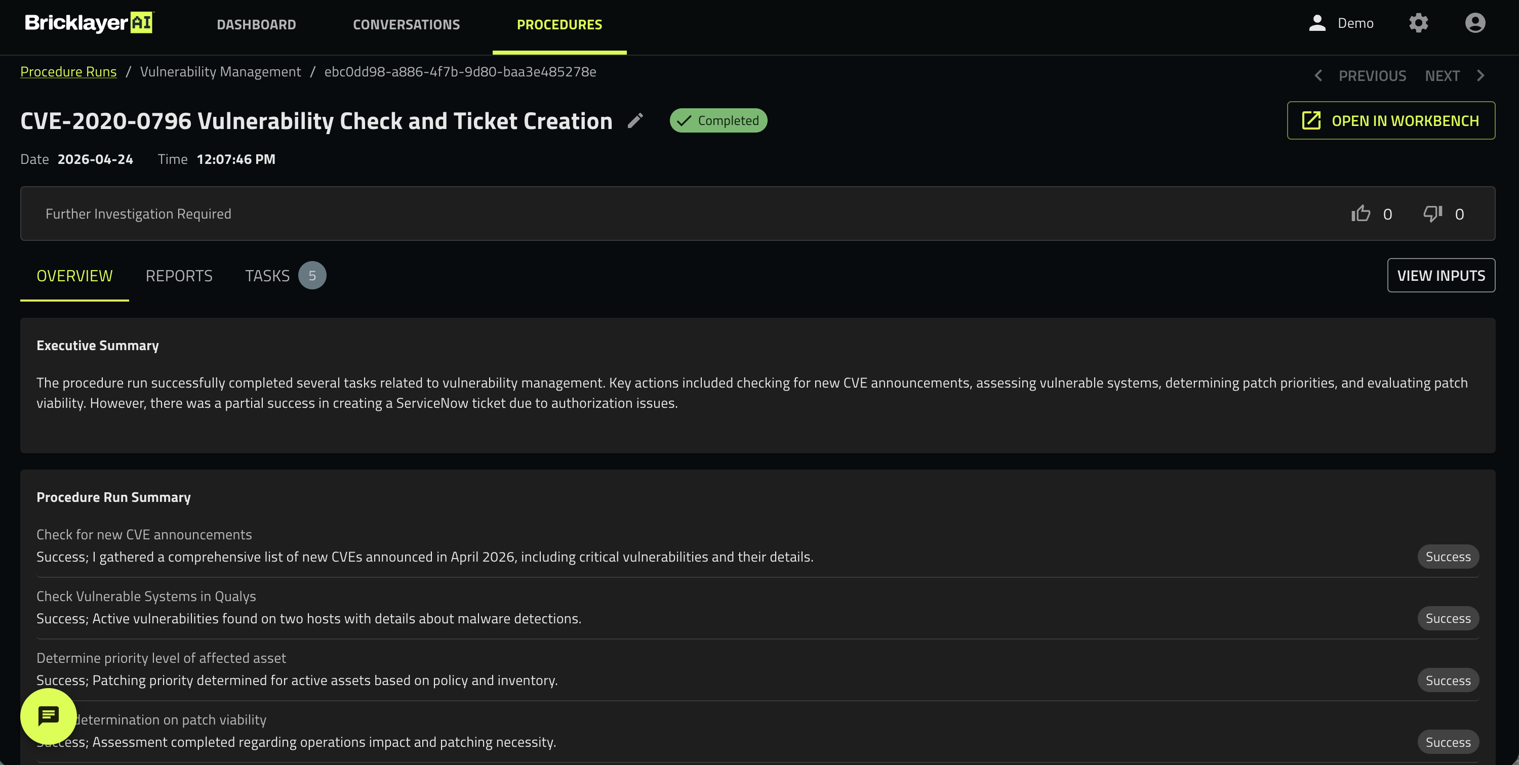 Vulnerability management — exploitable findings + ServiceNow ticket