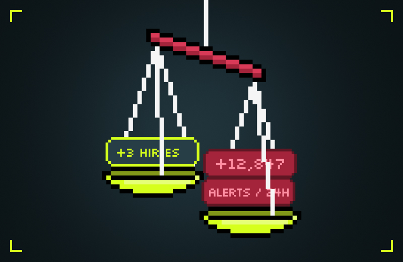 Headcount can't scale — 3 analysts vs 12,847 alerts overwhelming a tipped scale